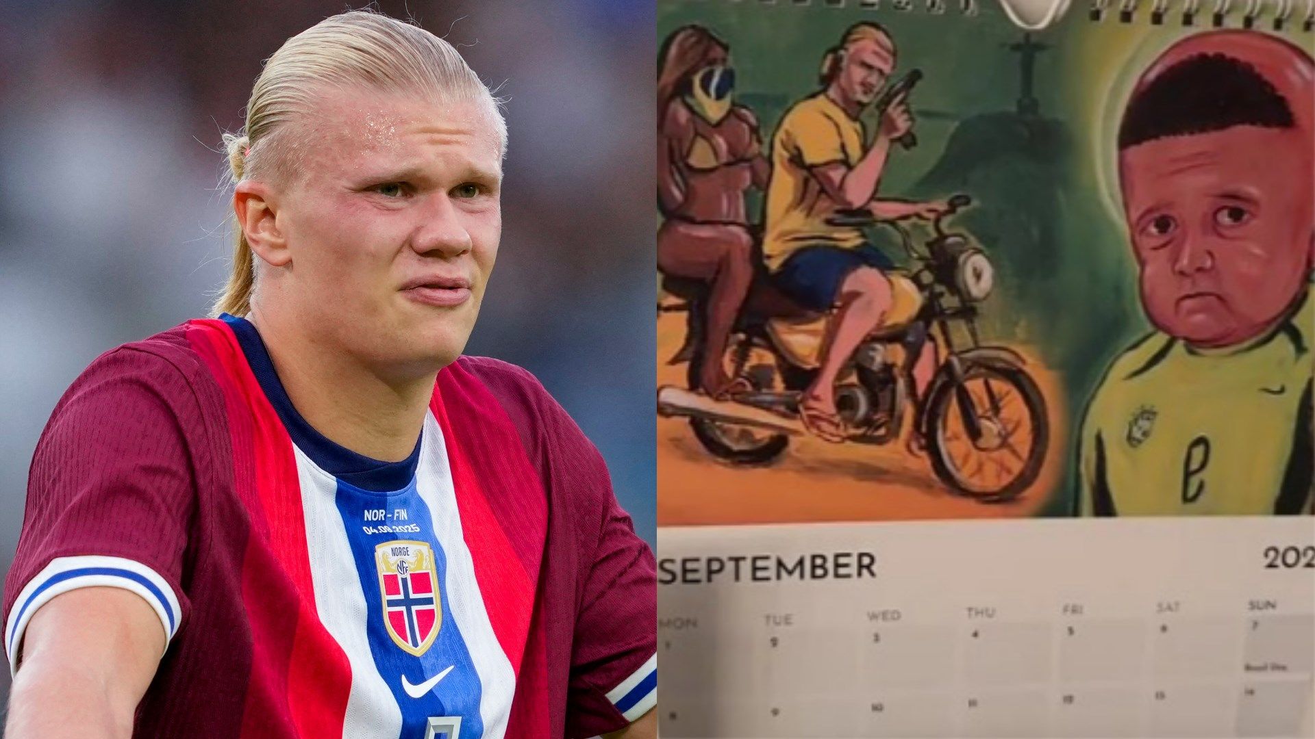 Erling Haaland shows off bizarre personalised calendar featuring Man City star holding a GUN while riding a motorcycle with a mystery woman - as well as internet sensation Hasbulla